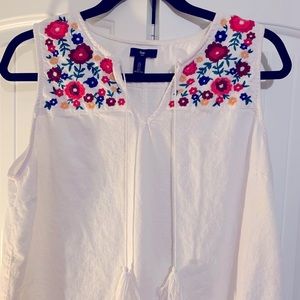 White linen sundress floral embroidery accents